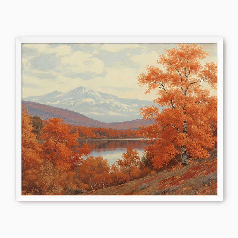 Landscape fall print, fall artwork with white frame, fall wall art, fall wall decor in burnt orange and light blues Sage & Rose Prints