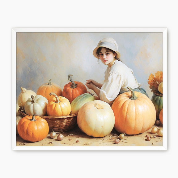 Victorian Girl with Pumpkins Fall Painting - Sage and Rose Prints