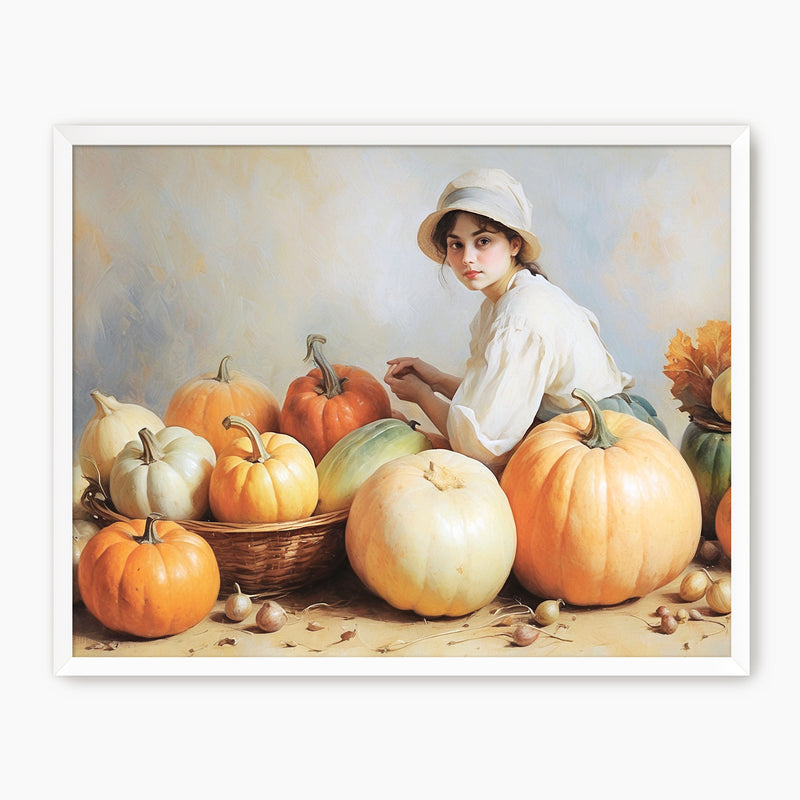 Victorian Girl with Pumpkins Fall Painting - Sage and Rose Prints