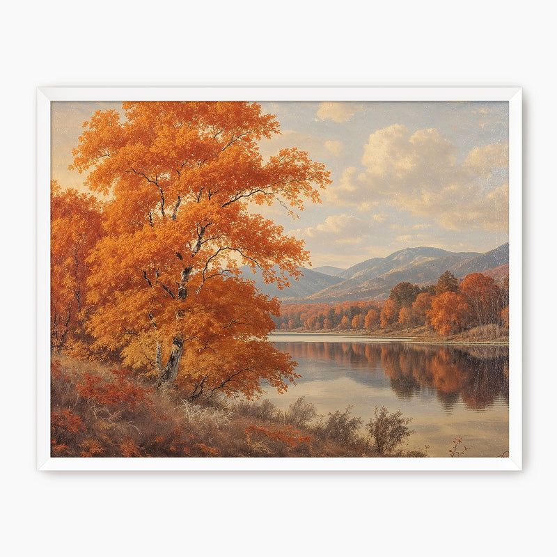 Landscape fall print, fall artwork with white frame, fall wall art, fall wall decor in burnt orange and light blues Sage & Rose Prints