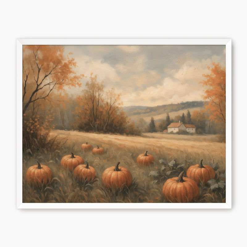 Pumpkin fall print, fall artwork with white frame, fall wall art in burnt orange and light blues Sage & Rose Prints