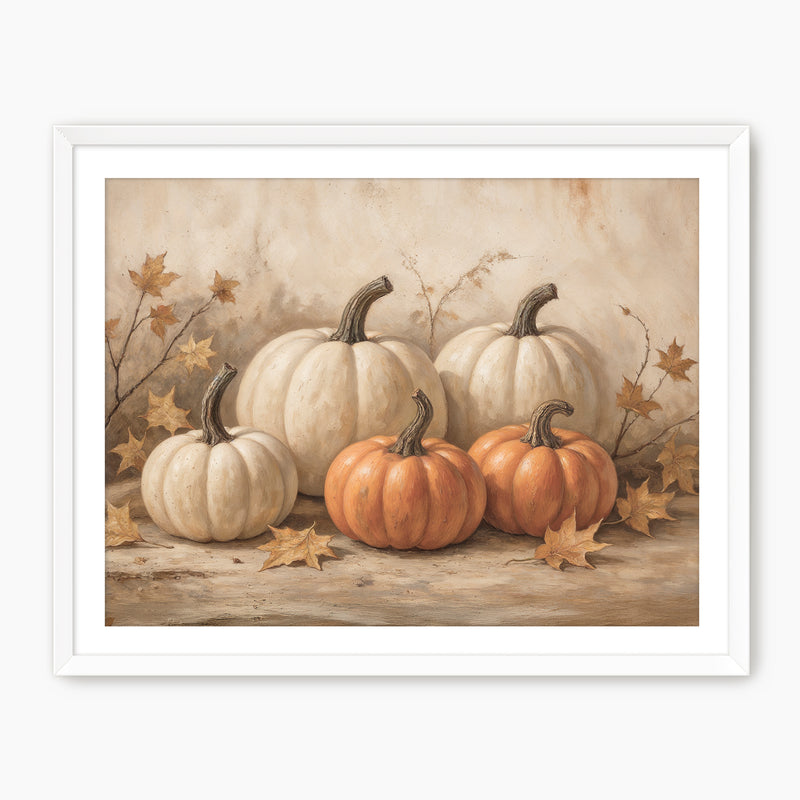 Pumpkin fall print, fall artwork with white frame, fall wall art, fall wall decor in burnt orange and light beige Sage & Rose Prints