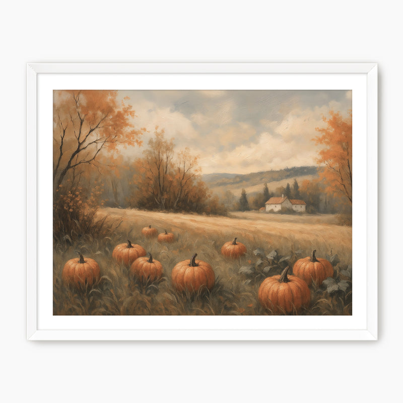 Pumpkin fall print, fall artwork with white frame, fall wall art in burnt orange and light blues Sage & Rose Prints