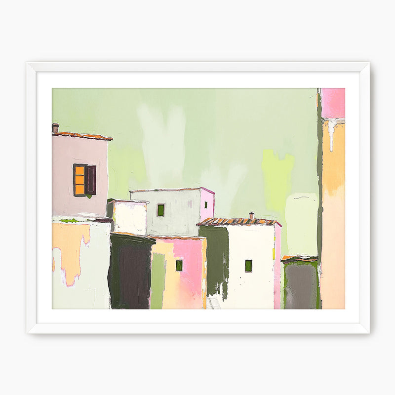 Green Abstract Village Painting Print - Sage and Rose Prints