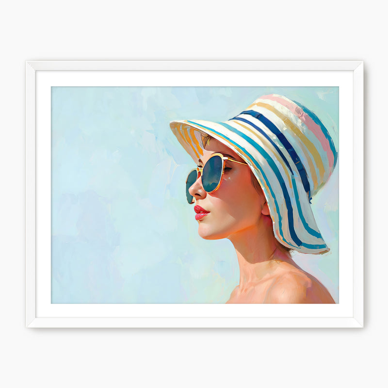 Retro Woman in a Striped Sun Hat - Sage and Rose Prints