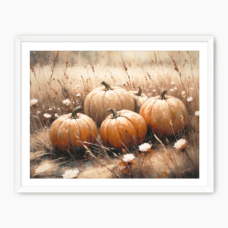 Pumpkin fall print, fall artwork with white frame, fall wall art, fall oil painting, lfall wall decor in burnt orange and light beige Sage & Rose Prints