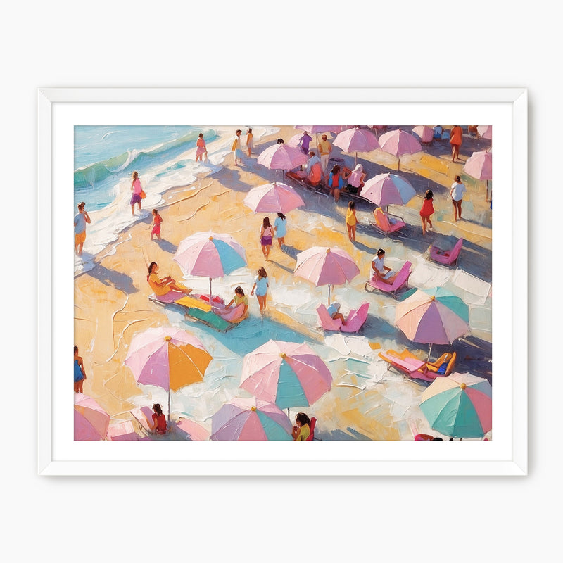 Bright Pink Umbrellas on a Crowded Beach - Sage and Rose Prints