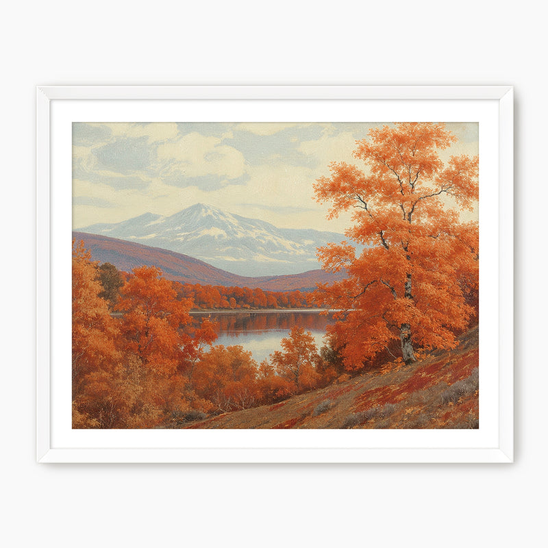 Landscape fall print, fall artwork with white frame, fall wall art, fall wall decor in burnt orange and light blues Sage & Rose Prints