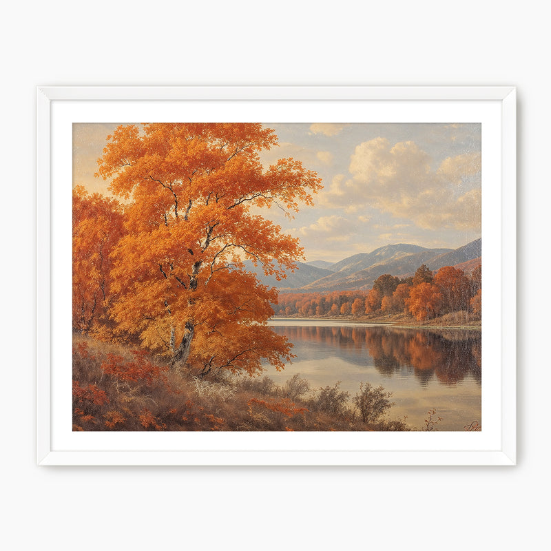 Landscape fall print, fall artwork with white frame, fall wall art, fall wall decor in burnt orange and light blues Sage & Rose Prints