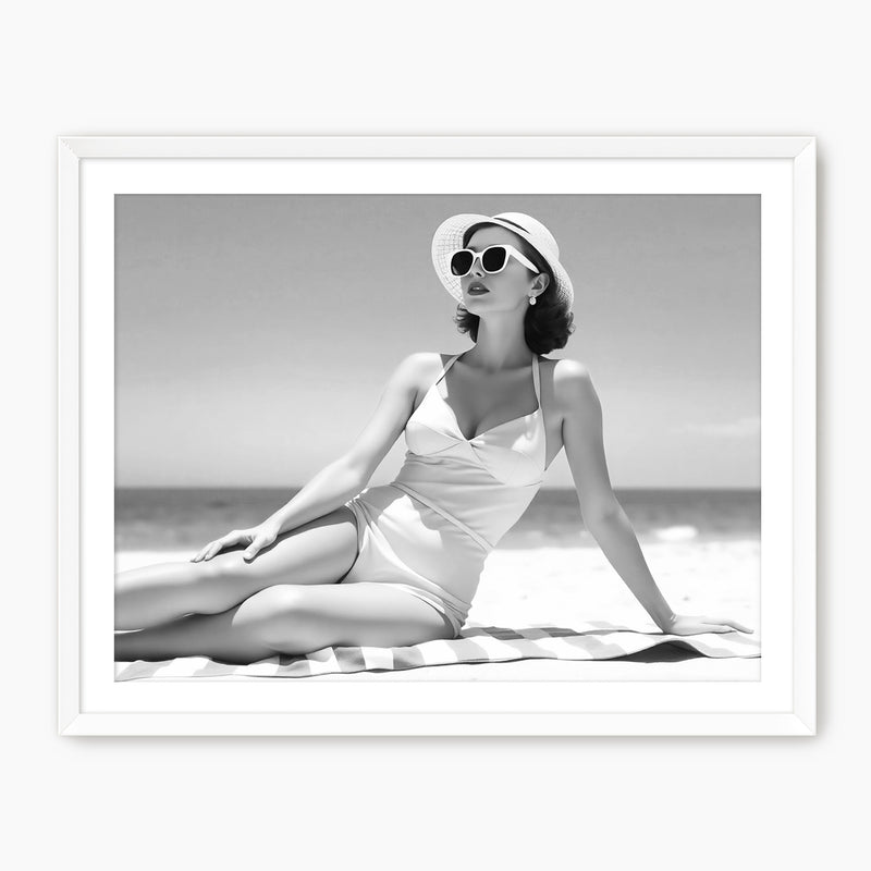 Woman Sunbathing Retro Black and White Photo - Sage and Rose Prints