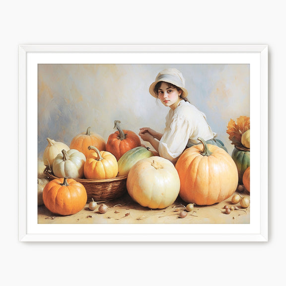 Victorian Girl with Pumpkins Fall Painting - Sage and Rose Prints