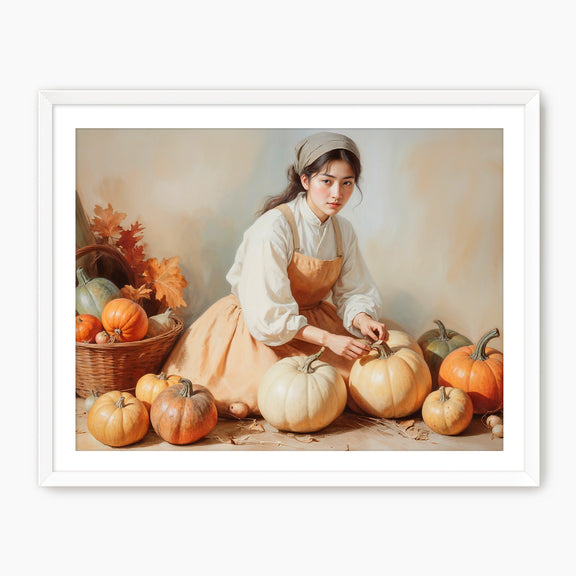 Vintage Fall Painting of Girl with Pumpkins - Sage and Rose Prints