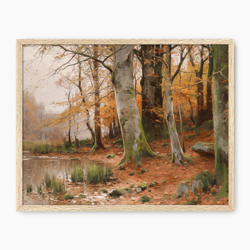 Walter Moras fall print, fall artwork with wood frame, fall wall art, fall forest, autumn trees, vintage style, rustic, fall painting, fall wall decor in burnt orange and light beige, Sage & Rose Prints