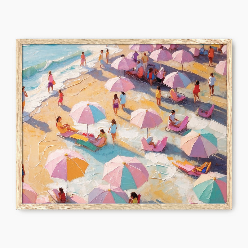 Bright Pink Umbrellas on a Crowded Beach - Sage and Rose Prints