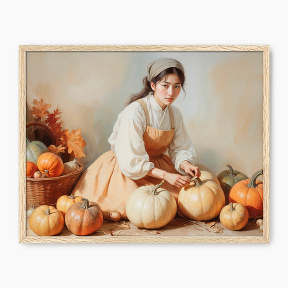 Vintage Fall Painting of Girl with Pumpkins - Sage and Rose Prints