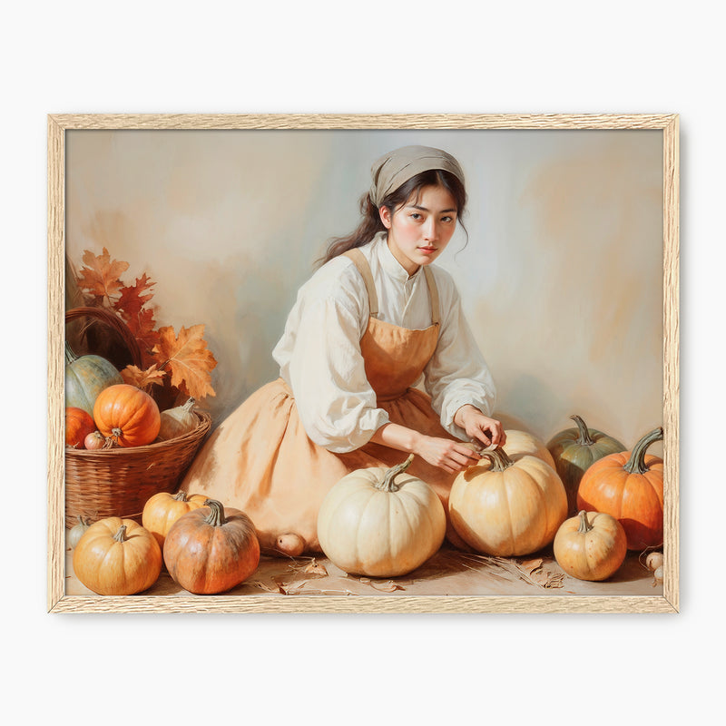 Vintage Fall Painting of Girl with Pumpkins - Sage and Rose Prints