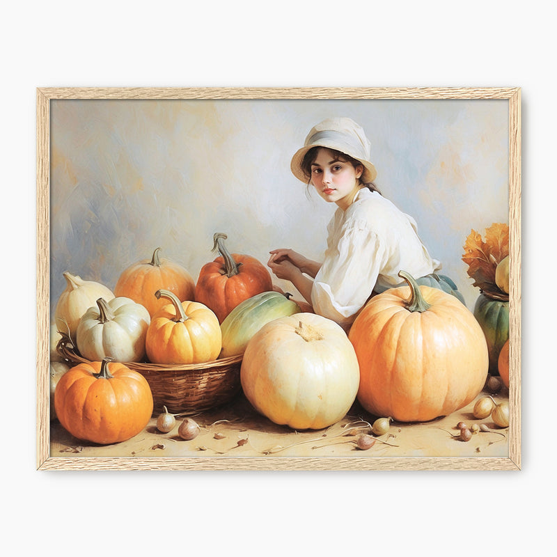 Victorian Girl with Pumpkins Fall Painting - Sage and Rose Prints