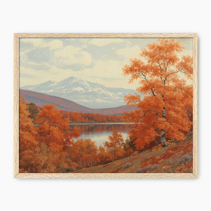 Landscape fall print, fall artwork with wood frame, fall wall art, fall wall decor in burnt orange and light blues Sage & Rose Prints