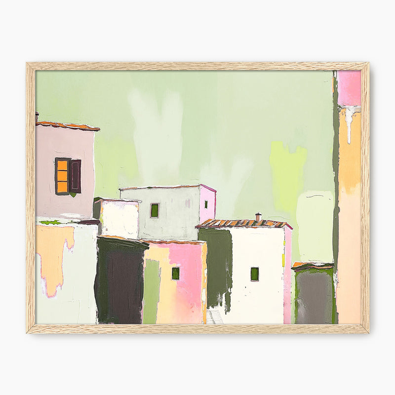 Green Abstract Village Painting Print - Sage and Rose Prints