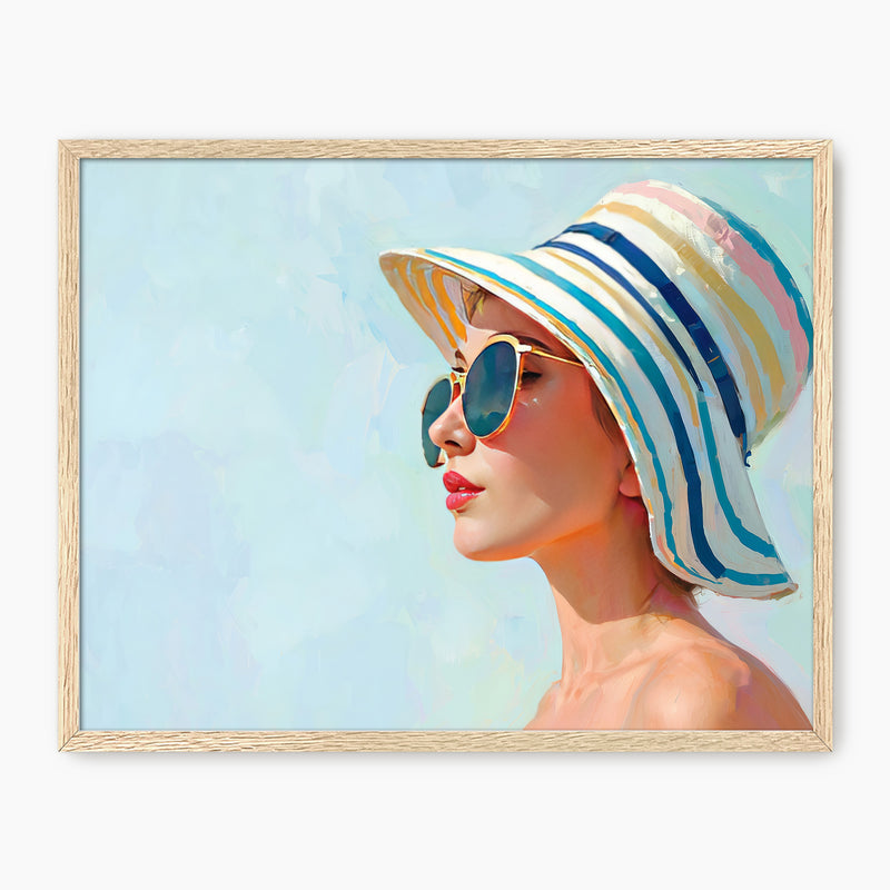 Retro Woman in a Striped Sun Hat - Sage and Rose Prints
