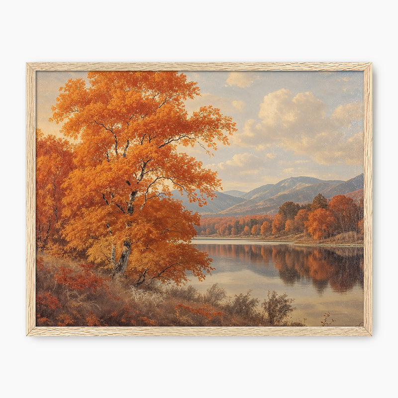 Landscape fall print, fall artwork with wood frame, fall wall art, fall wall decor in burnt orange and light blues Sage & Rose Prints