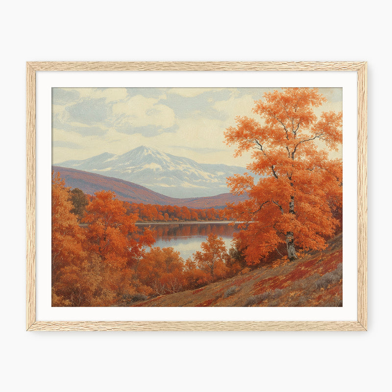 Landscape fall print, fall artwork with wood frame, fall wall art, fall wall decor in burnt orange and light blues Sage & Rose Prints