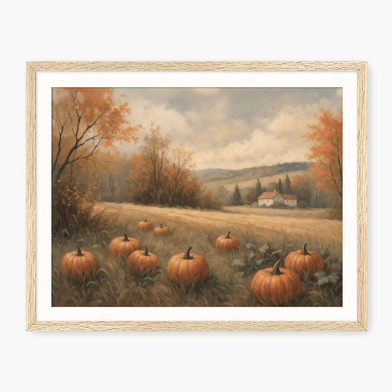 Pumpkin fall print, fall artwork with wood frame, fall wall art in burnt orange and light blues Sage & Rose Prints