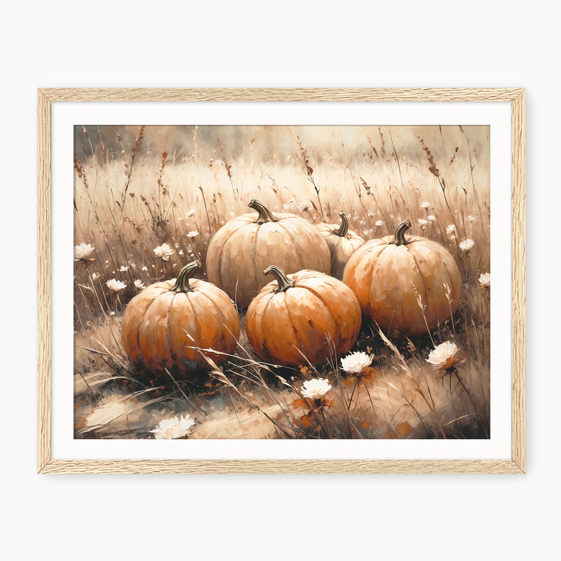 Pumpkin fall print, fall artwork with wood frame, fall wall art, fall oil painting, lfall wall decor in burnt orange and light beige Sage & Rose Prints