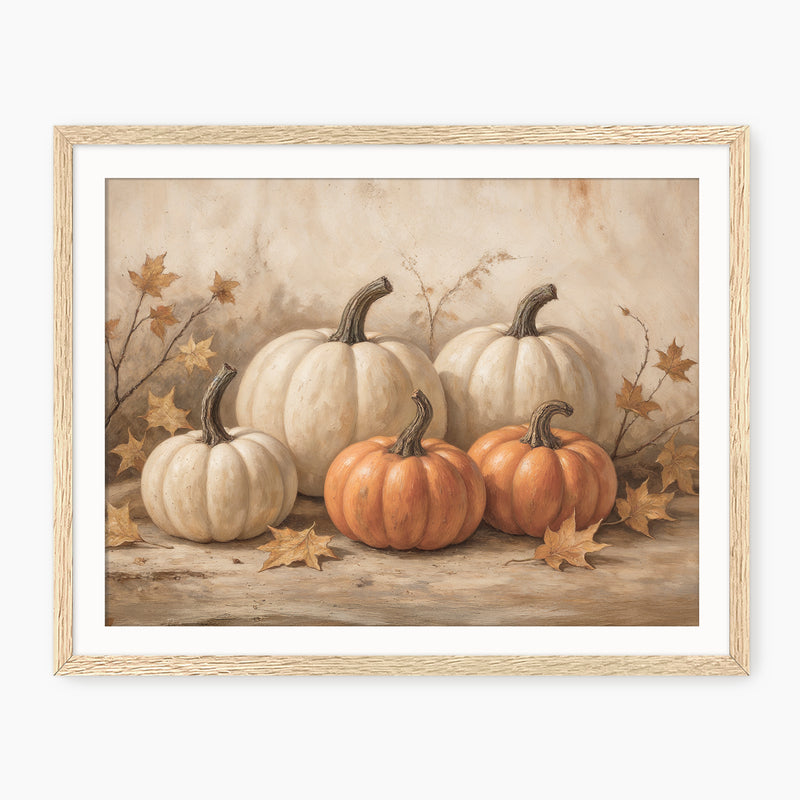 Pumpkin fall print, fall artwork with wood frame, fall wall art, fall wall decor in burnt orange and light beige Sage & Rose Prints
