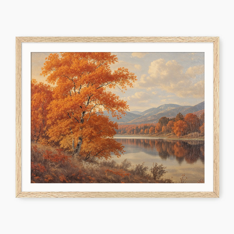Landscape fall print, fall artwork with wood frame, fall wall art, fall wall decor in burnt orange and light blues Sage & Rose Prints