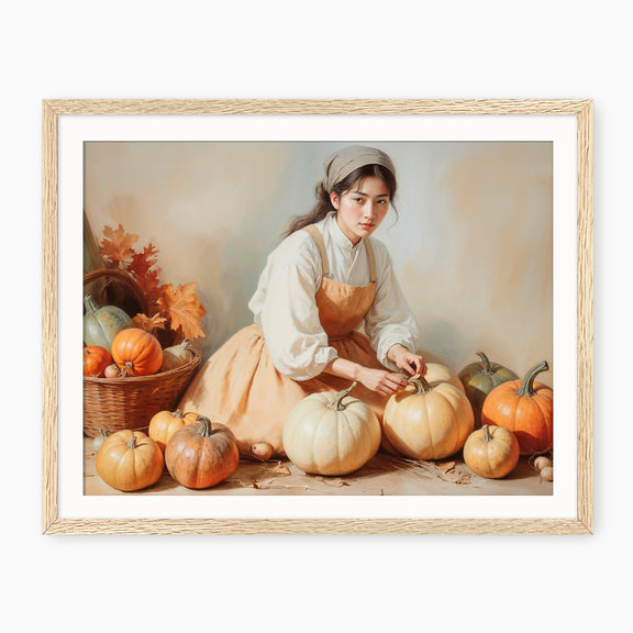 Vintage Fall Painting of Girl with Pumpkins - Sage and Rose Prints