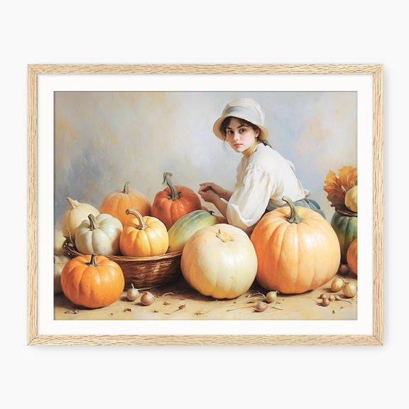 Victorian Girl with Pumpkins Fall Painting - Sage and Rose Prints