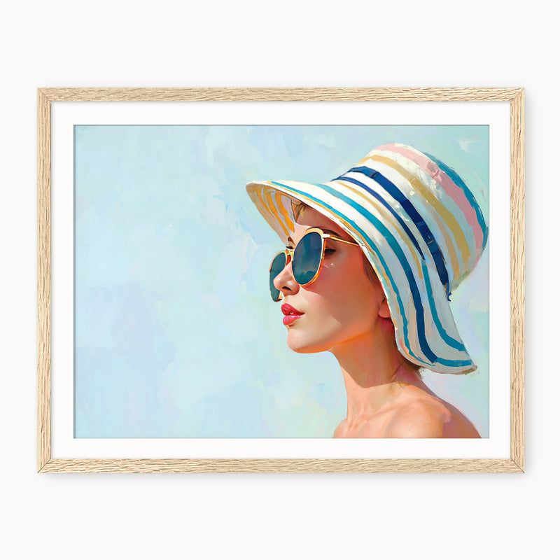 Retro Woman in a Striped Sun Hat - Sage and Rose Prints