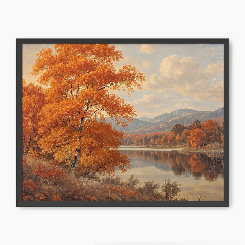 Landscape fall print, fall artwork with black frame, fall wall art, fall wall decor in burnt orange and light blues Sage & Rose Prints