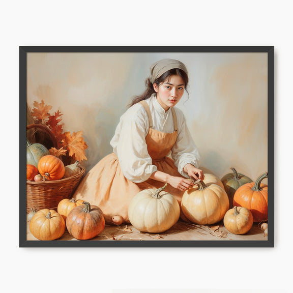 Vintage Fall Painting of Girl with Pumpkins - Sage and Rose Prints