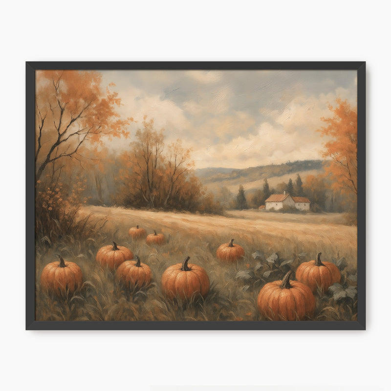 Pumpkin fall print, fall artwork with black frame, fall wall art in burnt orange and light blues Sage & Rose Prints