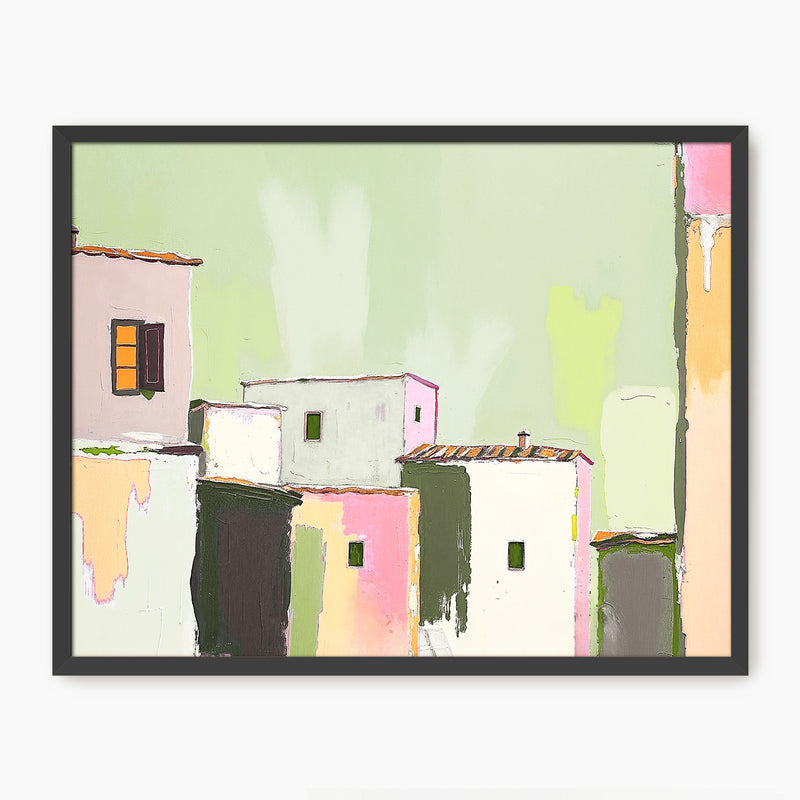 Green Abstract Village Painting Print - Sage and Rose Prints