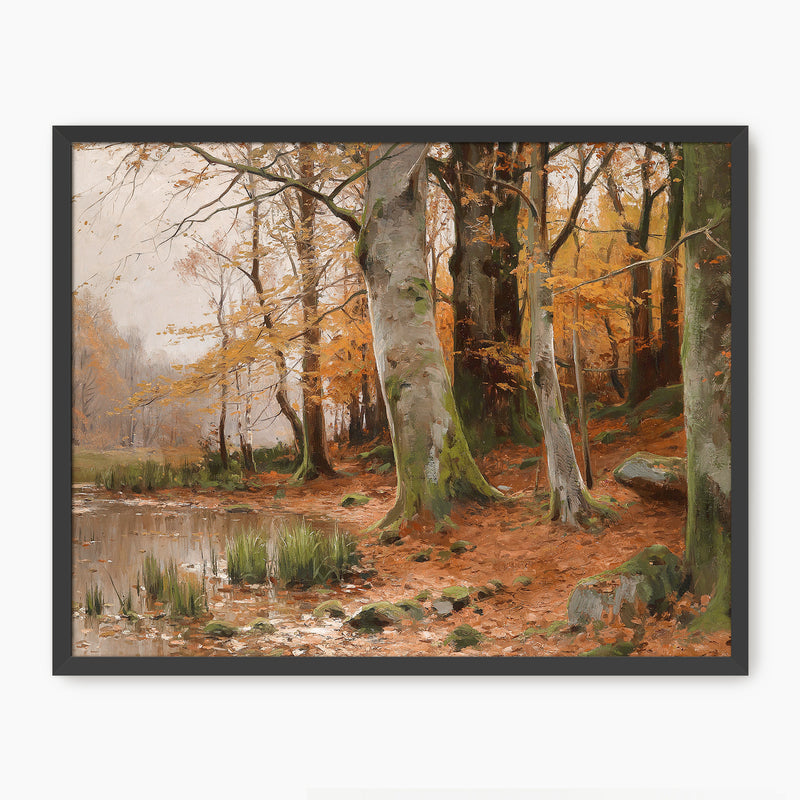 Walter Moras fall print, fall artwork with wood frame, fall wall art, fall forest, autumn trees, vintage style, rustic, fall painting, fall wall decor in burnt orange and light beige, Sage & Rose Prints