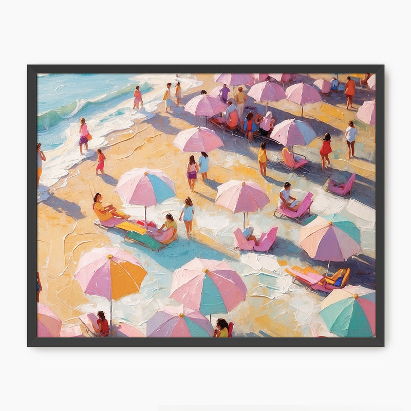 Bright Pink Umbrellas on a Crowded Beach - Sage and Rose Prints