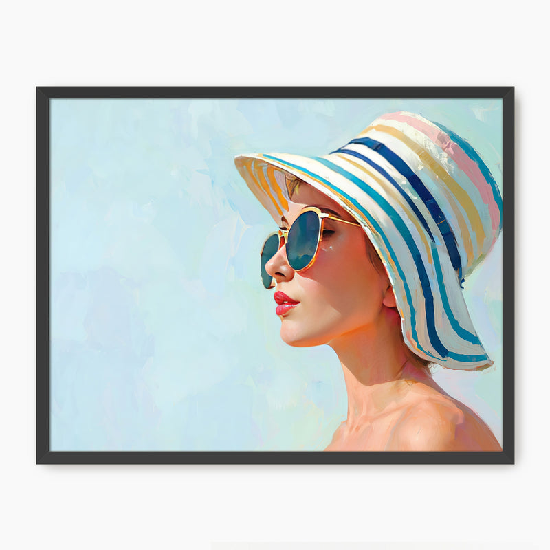 Retro Woman in a Striped Sun Hat - Sage and Rose Prints