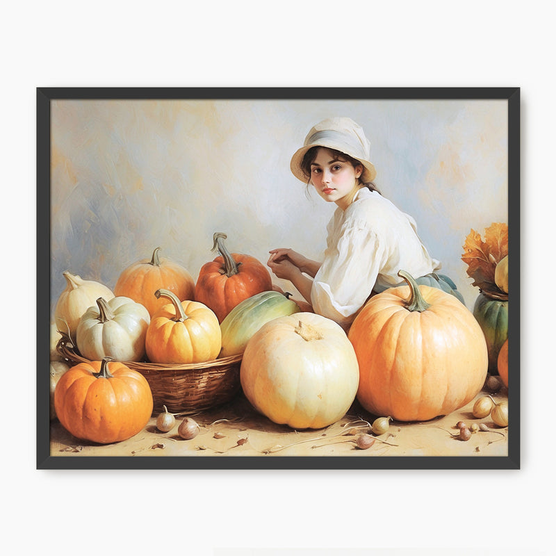 Victorian Girl with Pumpkins Fall Painting - Sage and Rose Prints