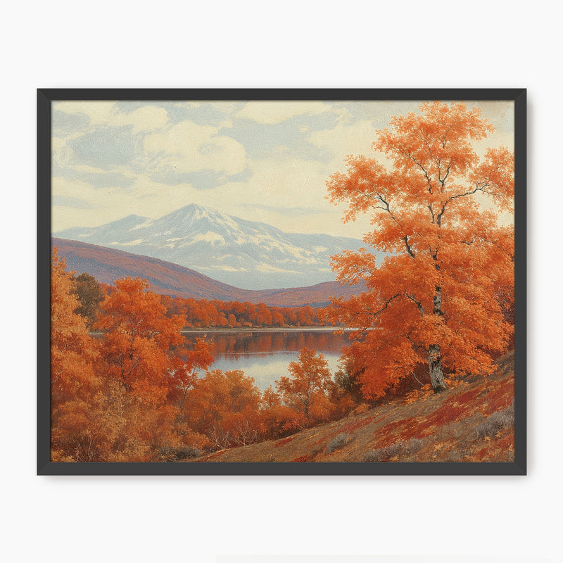Landscape fall print, fall artwork with black frame, fall wall art, fall wall decor in burnt orange and light blues Sage & Rose Prints