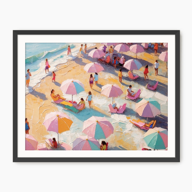 Bright Pink Umbrellas on a Crowded Beach - Sage and Rose Prints