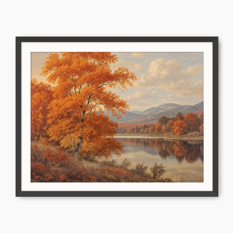 Landscape fall print, fall artwork with black frame, fall wall art, fall wall decor in burnt orange and light blues Sage & Rose Prints