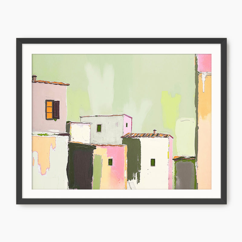Green Abstract Village Painting Print - Sage and Rose Prints