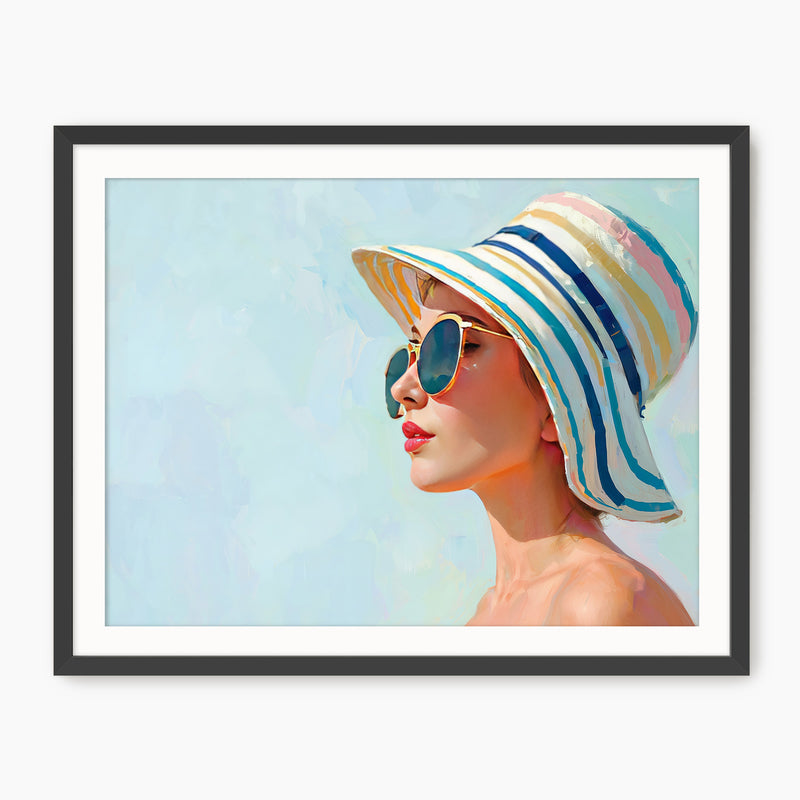 Retro Woman in a Striped Sun Hat - Sage and Rose Prints
