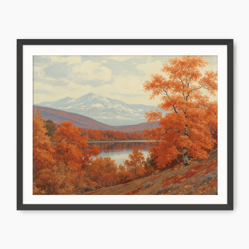 Landscape fall print, fall artwork with black frame, fall wall art, fall wall decor in burnt orange and light blues Sage & Rose Prints