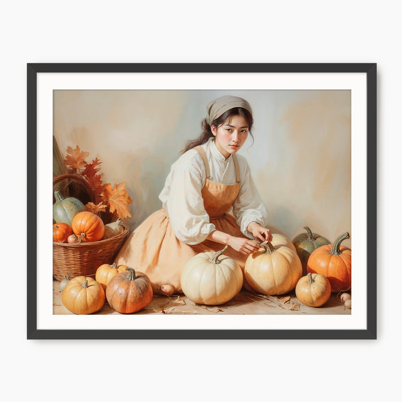 Vintage Fall Painting of Girl with Pumpkins - Sage and Rose Prints