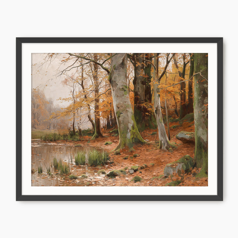Walter Moras fall print, fall artwork with wood frame, fall wall art, fall forest, autumn trees, vintage style, rustic, fall painting, fall wall decor in burnt orange and light beige, Sage & Rose Prints