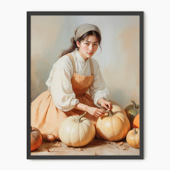 Vintage Painting of Girl with Pumpkins Fall Art Print - Sage and Rose Prints